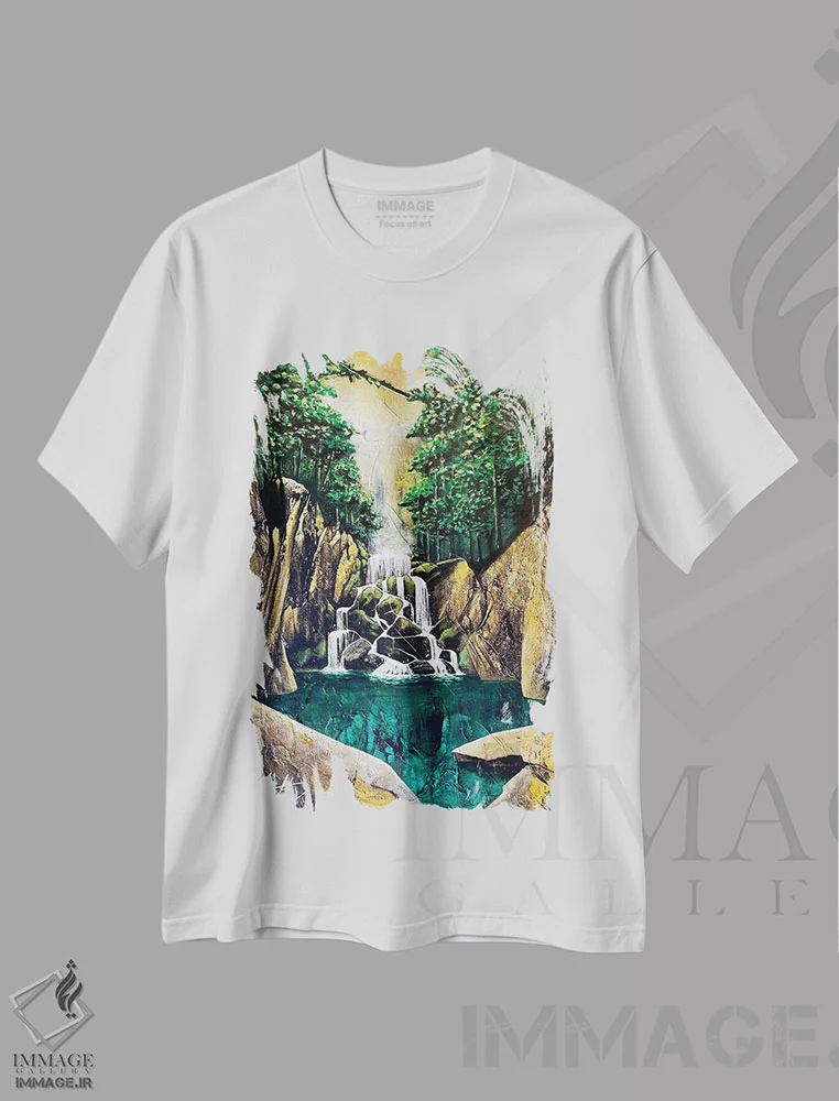 تیشرت سفید طرح دار – تیشرت طبیعت ,آبشار اخگر اثر مایکل گلدزوایگ immage.ir