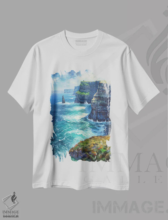 تیشرت سفید طرح دار – تیشرت طبیعت ,صخره های موهر در تابستان اثر کانر مک گوایر فروشگاه ایماژ