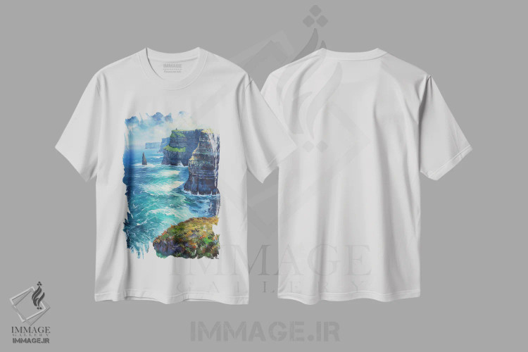 تیشرت سفید طرح دار – تیشرت طبیعت ,صخره های موهر در تابستان اثر کانر مک گوایر فروشگاه ایماژ