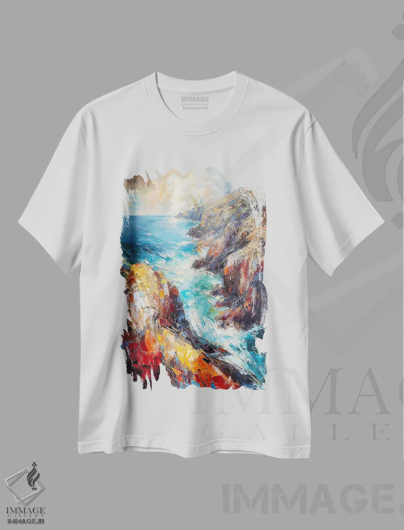 تیشرت سفید طرح دار – تیشرت طبیعت ,نمای هوایی صخره های آتلانتیک اثر کانر مک گوایر immage.ir