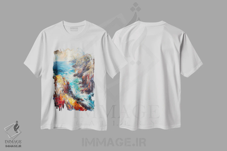 تیشرت سفید طرح دار – تیشرت طبیعت ,نمای هوایی صخره های آتلانتیک اثر کانر مک گوایر immage.ir