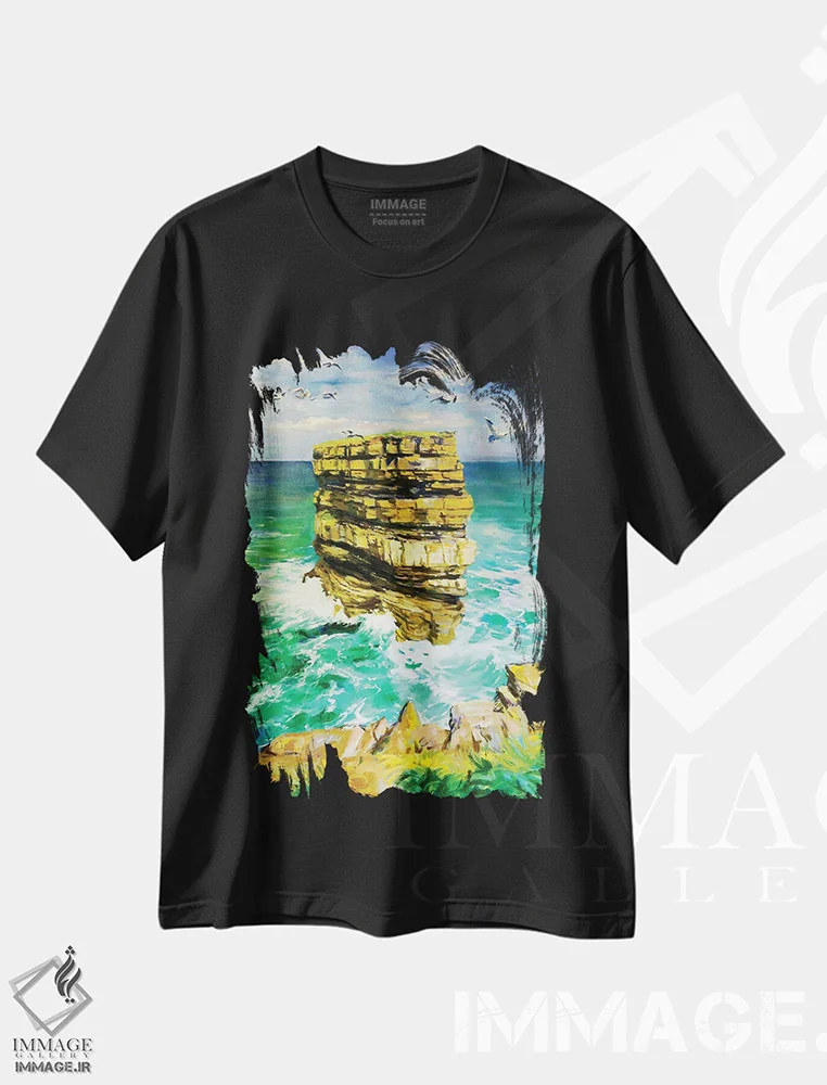 تیشرت مشکی طرح دار – تیشرت منظره ,Sea Stack County Mayo" صخره دریایی دان بریسته شهرستان مایو اثر کانر مک گوایر فروشگاه ایماژ