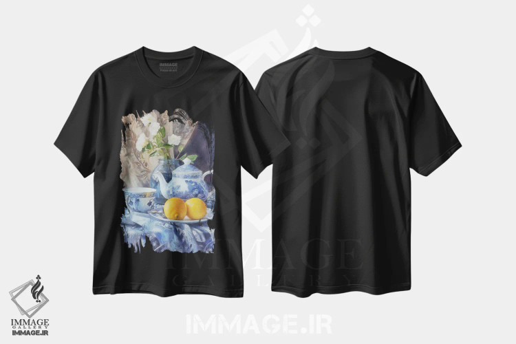تیشرت مشکی طرح دار – تیشرت هنری ,طبیعت بی جان لیمویی و آبی اثر کانر مک گوایر immage.ir