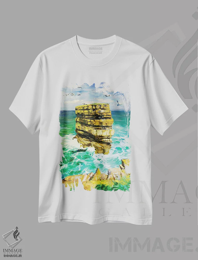 تیشرت سفید طرح دار – تیشرت منظره ,Sea Stack County Mayo" صخره دریایی دان بریسته شهرستان مایو اثر کانر مک گوایر immage.ir
