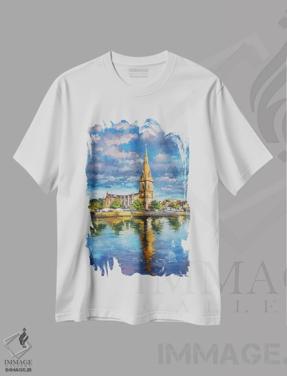 تیشرت سفید طرح دار – تیشرت هنری ,Ballina, County Mayo" بازتاب های کلیسای جامع سنت مورداک در رودخانه موی، بالینا، شهرستان مایو اثر کانر مک گوایر فروشگاه ایماژ
