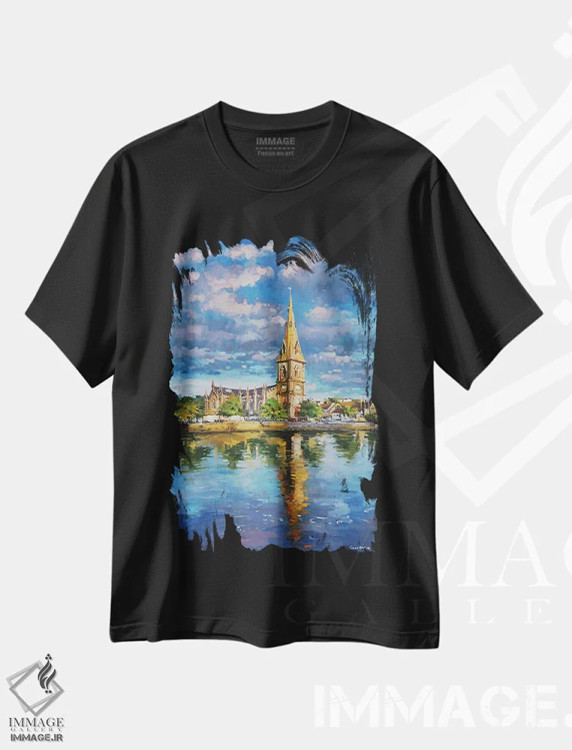 تیشرت مشکی طرح دار – تیشرت هنری ,Ballina, County Mayo" بازتاب های کلیسای جامع سنت مورداک در رودخانه موی، بالینا، شهرستان مایو اثر کانر مک گوایر immage.ir
