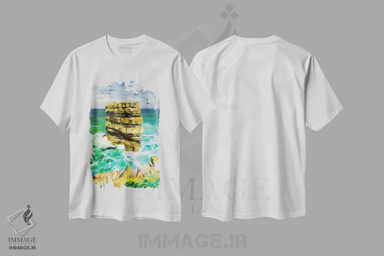 تیشرت سفید طرح دار – تیشرت منظره ,Sea Stack County Mayo" صخره دریایی دان بریسته شهرستان مایو اثر کانر مک گوایر immage.ir