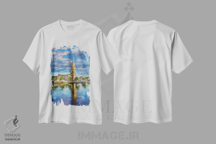 تیشرت سفید طرح دار – تیشرت هنری ,Ballina, County Mayo" بازتاب های کلیسای جامع سنت مورداک در رودخانه موی، بالینا، شهرستان مایو اثر کانر مک گوایر فروشگاه ایماژ