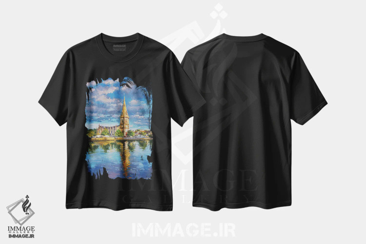تیشرت مشکی طرح دار – تیشرت هنری ,Ballina, County Mayo" بازتاب های کلیسای جامع سنت مورداک در رودخانه موی، بالینا، شهرستان مایو اثر کانر مک گوایر immage.ir
