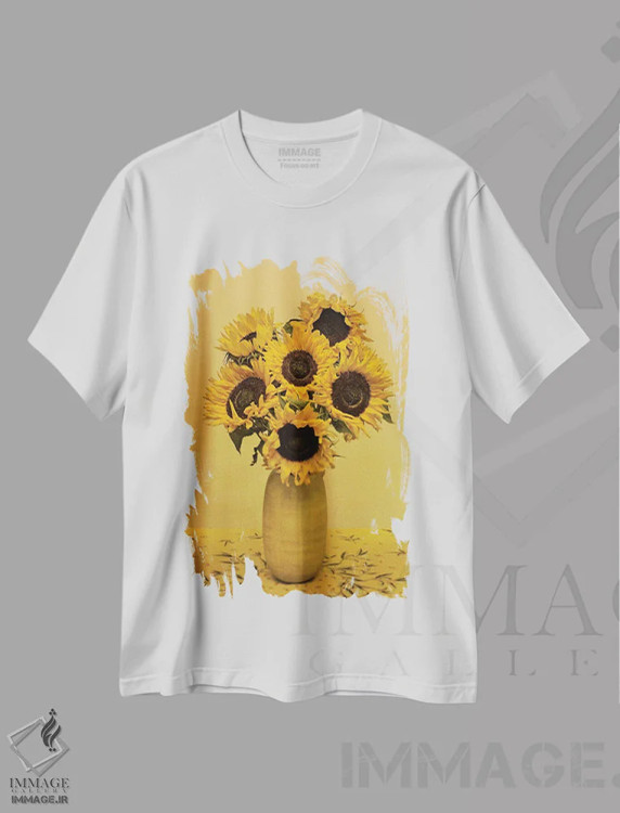 تیشرت سفید طرح دار – تیشرت گل ,گل های آفتابگردان اثر مایکل فرانک immage.ir