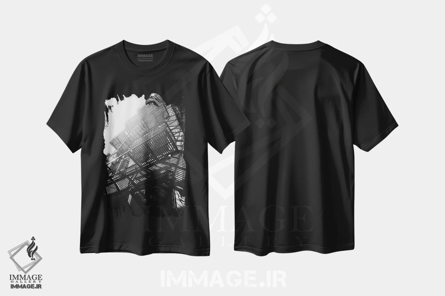 تیشرت مشکی طرح دار – تیشرت طبیعت ,پله اضطراری اثر مایکل فرانک immage.ir