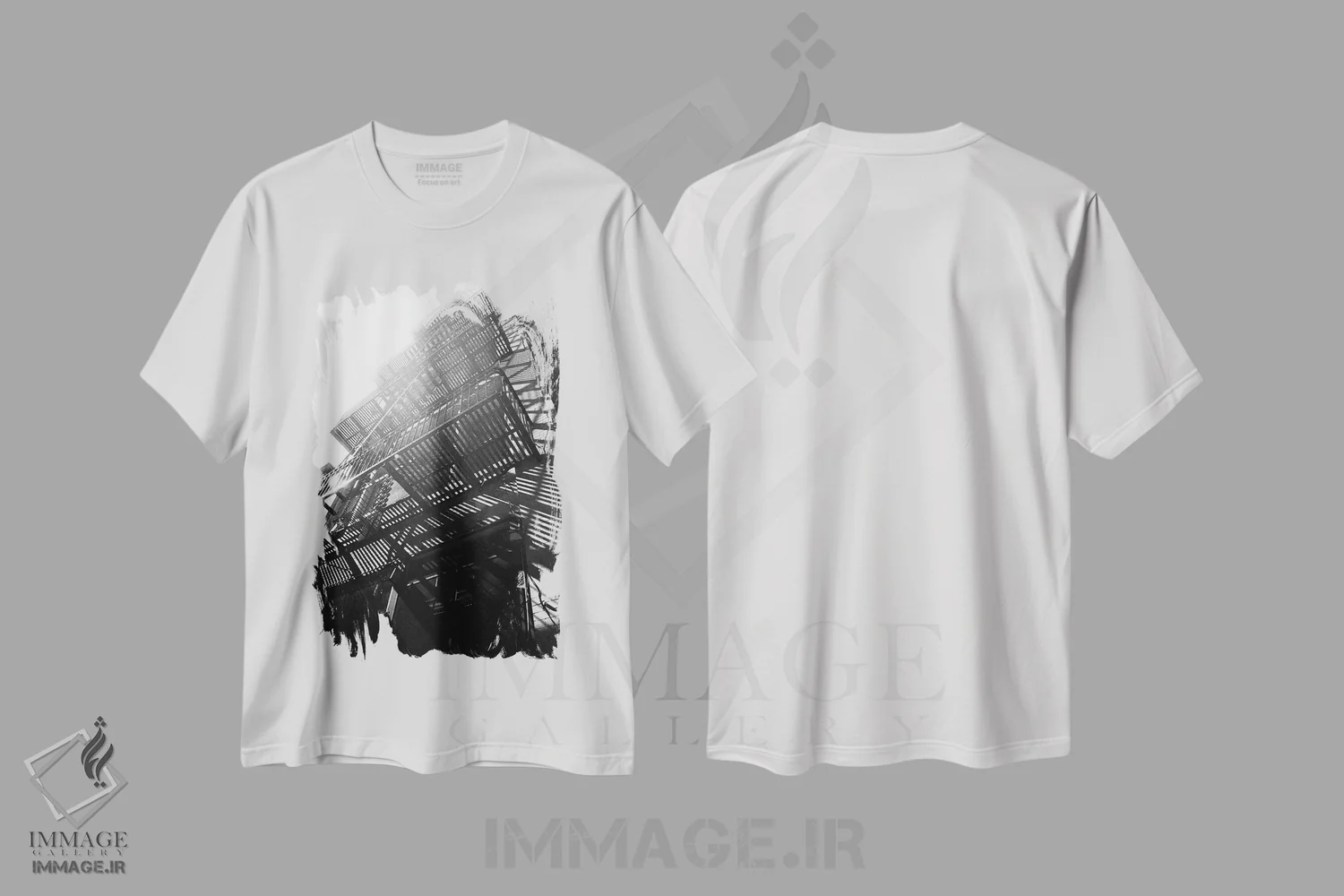 تیشرت سفید طرح دار – تیشرت طبیعت ,پله اضطراری اثر مایکل فرانک فروشگاه ایماژ