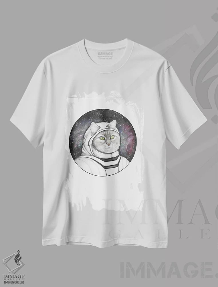 تیشرت سفید طرح دار – تیشرت گیمینگ ,گربه فضایی اثر مندی هک immage.ir