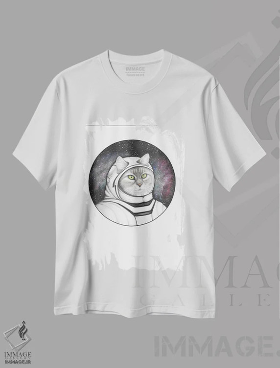 تیشرت سفید طرح دار – تیشرت گیمینگ ,گربه فضایی اثر مندی هک immage.ir