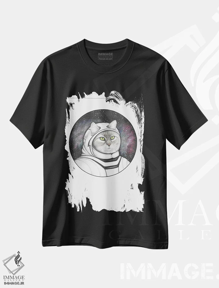 تیشرت مشکی طرح دار – تیشرت گیمینگ ,گربه فضایی اثر مندی هک فروشگاه ایماژ