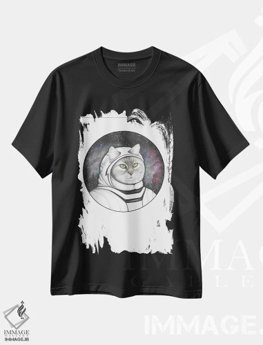 تیشرت مشکی طرح دار – تیشرت گیمینگ ,گربه فضایی اثر مندی هک فروشگاه ایماژ