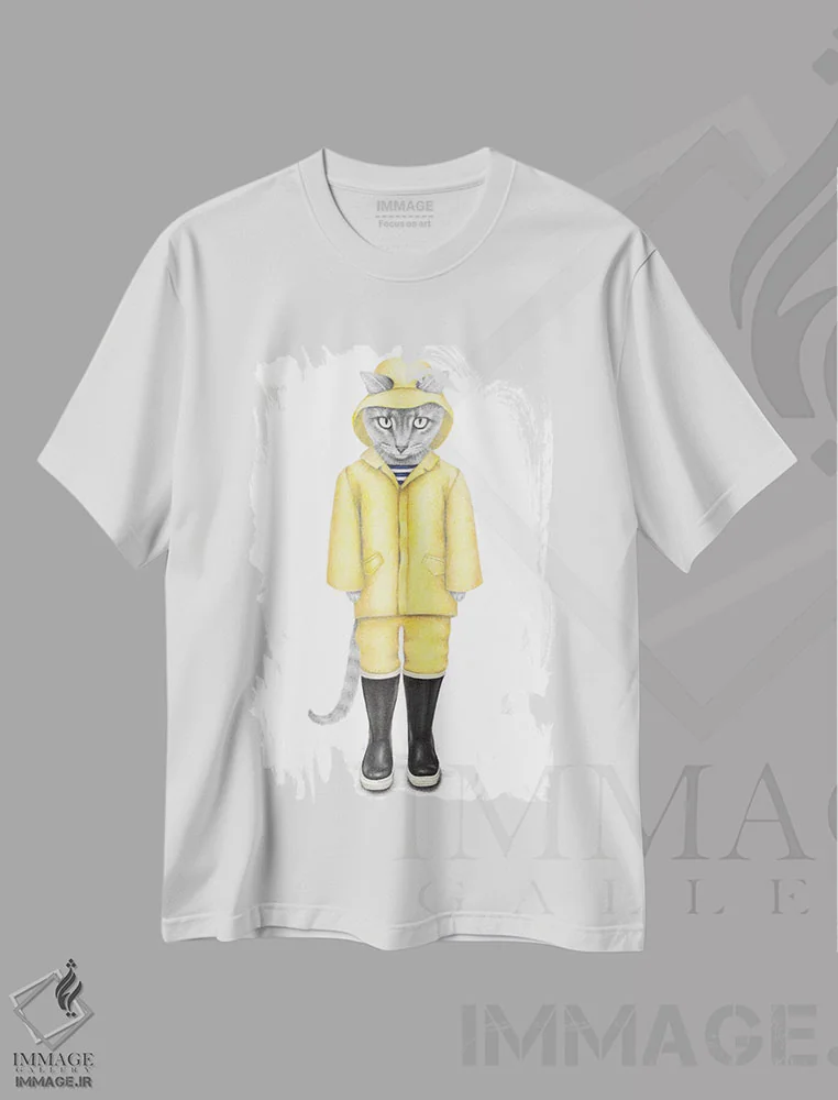 تیشرت سفید طرح دار – تیشرت فانتزی ,گربه بارانی اثر مندی هک immage.ir