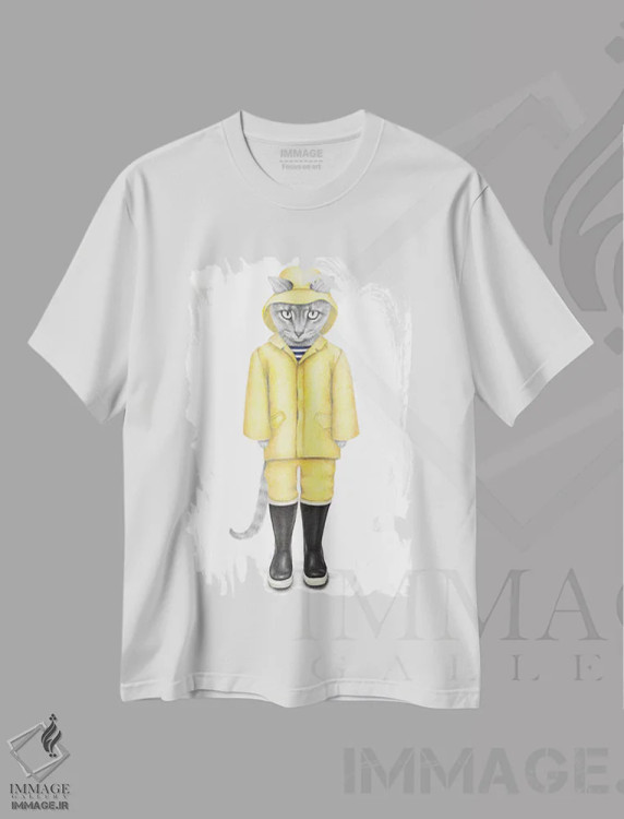 تیشرت سفید طرح دار – تیشرت فانتزی ,گربه بارانی اثر مندی هک immage.ir