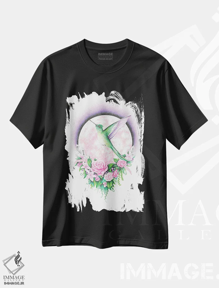 تیشرت مشکی طرح دار – تیشرت هنری ,مرغ مگس خوار و ماه صورتی اثر مندی هک فروشگاه ایماژ
