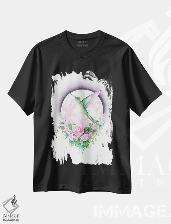 تیشرت مشکی طرح دار – تیشرت هنری ,مرغ مگس خوار و ماه صورتی اثر مندی هک فروشگاه ایماژ