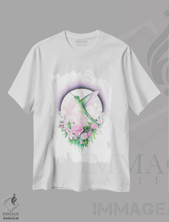 تیشرت سفید طرح دار – تیشرت هنری ,مرغ مگس خوار و ماه صورتی اثر مندی هک immage.ir