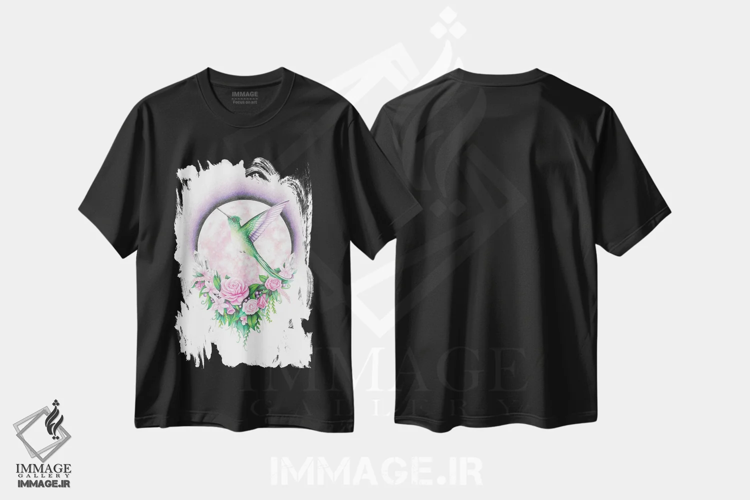 تیشرت مشکی طرح دار – تیشرت هنری ,مرغ مگس خوار و ماه صورتی اثر مندی هک فروشگاه ایماژ