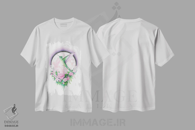تیشرت سفید طرح دار – تیشرت هنری ,مرغ مگس خوار و ماه صورتی اثر مندی هک immage.ir