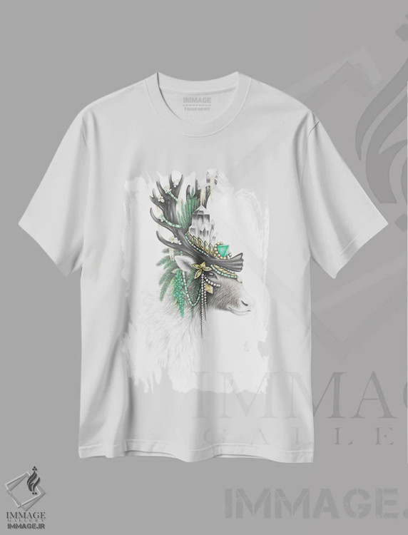 تیشرت سفید طرح دار – تیشرت طبیعت ,گوزن شمالی باشکوه اثر مندی هک immage.ir