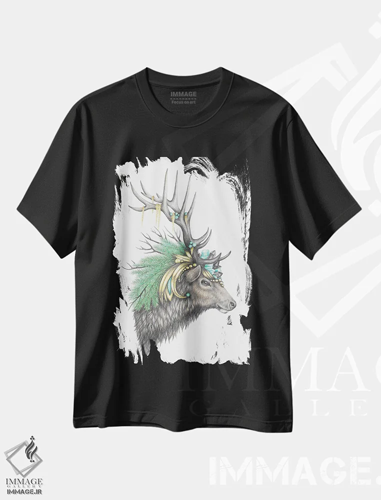 تیشرت مشکی طرح دار – تیشرت طبیعت ,گوزن بزرگ باشکوه اثر مندی هک immage.ir