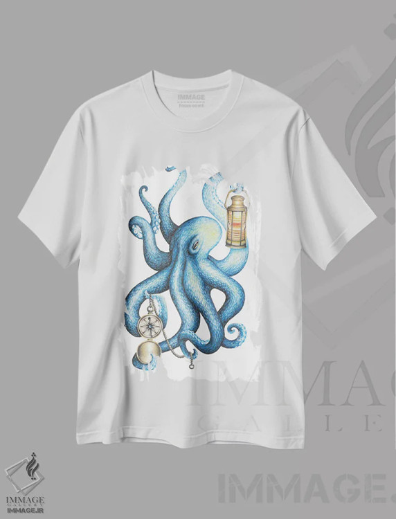 تیشرت سفید طرح دار – تیشرت دریایی ,اختاپوس اثر مندی هک immage.ir