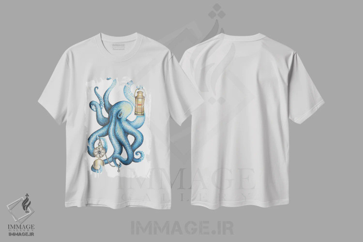 تیشرت سفید طرح دار – تیشرت دریایی ,اختاپوس اثر مندی هک immage.ir