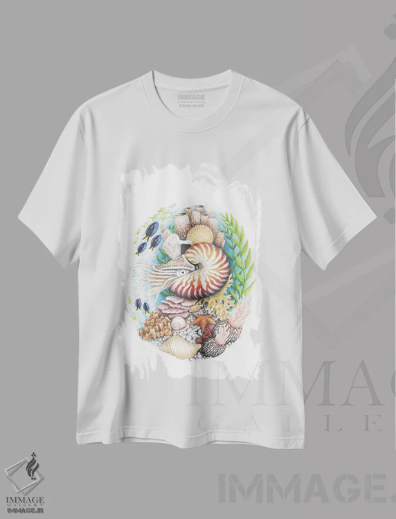 تیشرت سفید طرح دار – تیشرت طبیعت ,ناتیلوس و صخره مرجانی اثر مندی هک فروشگاه ایماژ