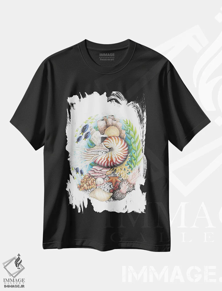 تیشرت مشکی طرح دار – تیشرت طبیعت ,ناتیلوس و صخره مرجانی اثر مندی هک immage.ir