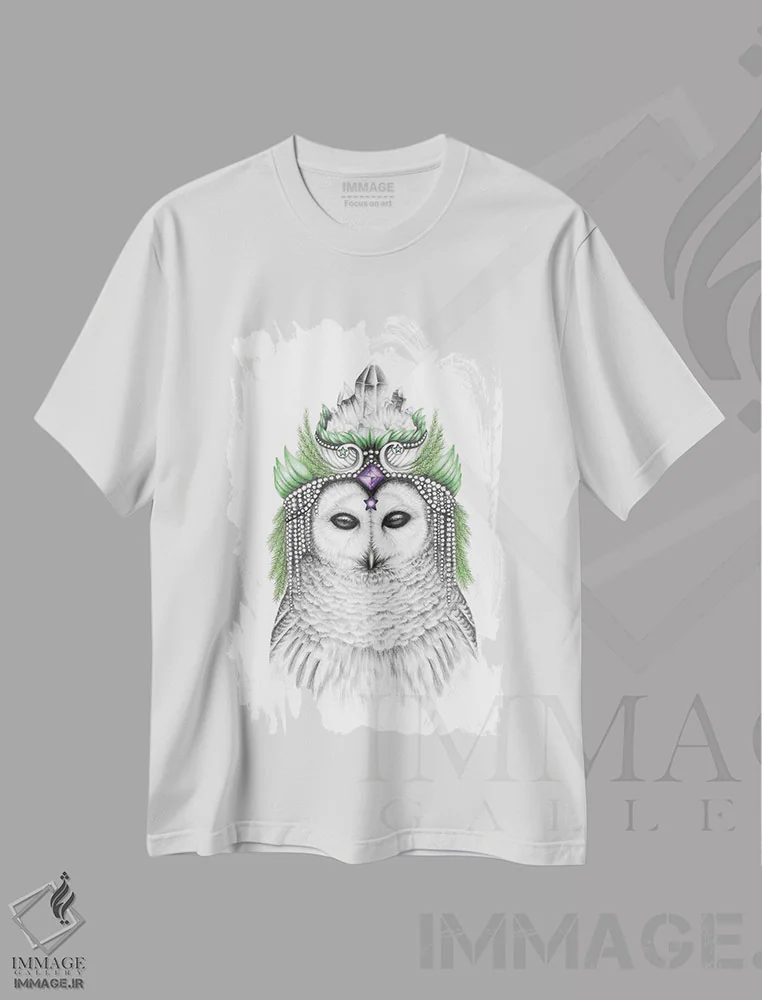 تیشرت سفید طرح دار – تیشرت حیوانات ,جغد باشکوه خط دار اثر مندی هک فروشگاه ایماژ