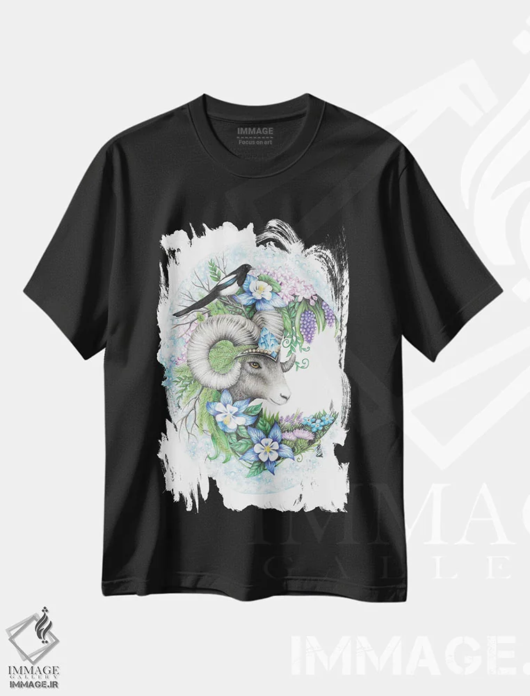 تیشرت مشکی طرح دار – تیشرت حیوانات مزرعه ,گوسفند بزرگ شاخ دار باشکوه اثر مندی هک فروشگاه ایماژ