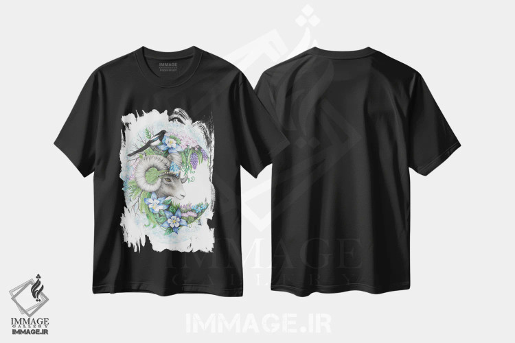 تیشرت مشکی طرح دار – تیشرت حیوانات مزرعه ,گوسفند بزرگ شاخ دار باشکوه اثر مندی هک فروشگاه ایماژ