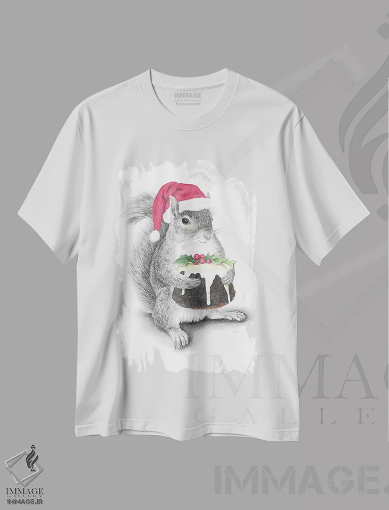 تیشرت سفید طرح دار – تیشرت کریسمسی ,سنجاب بابانوئل اثر مندی هک فروشگاه ایماژ