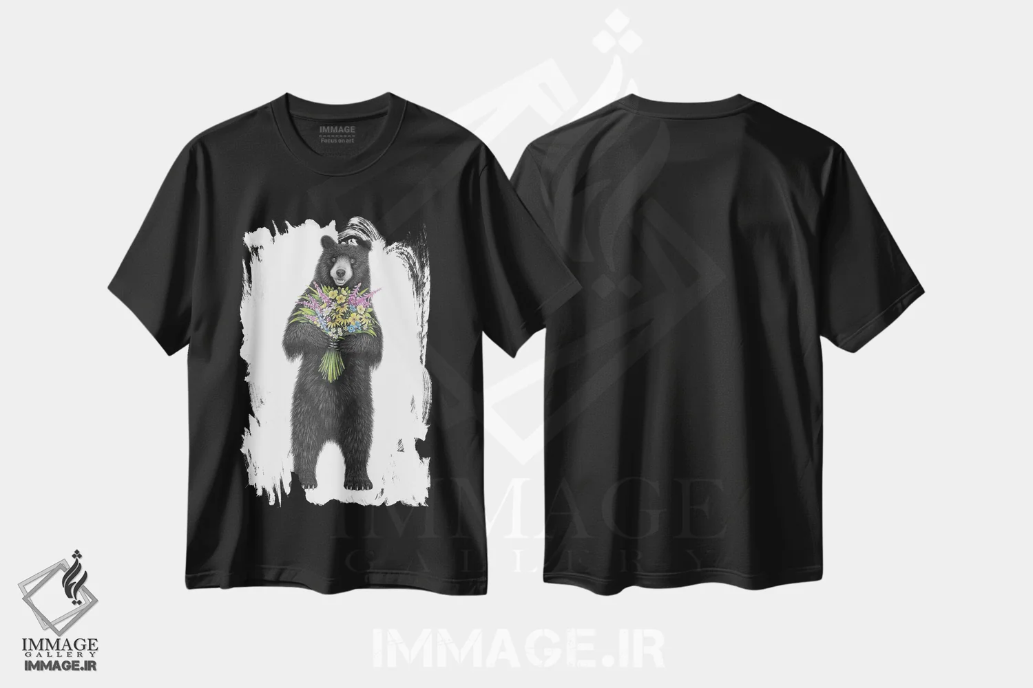 تیشرت مشکی طرح دار – تیشرت طبیعت ,خرس دسته گل به دست اثر مندی هک immage.ir