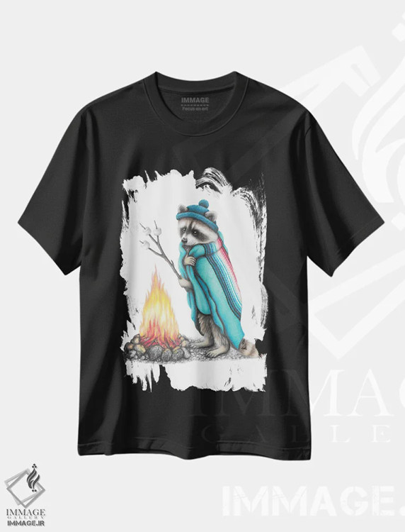 تیشرت مشکی طرح دار – تیشرت طبیعت ,راکون و آتش کمپ اثر مندی هک immage.ir