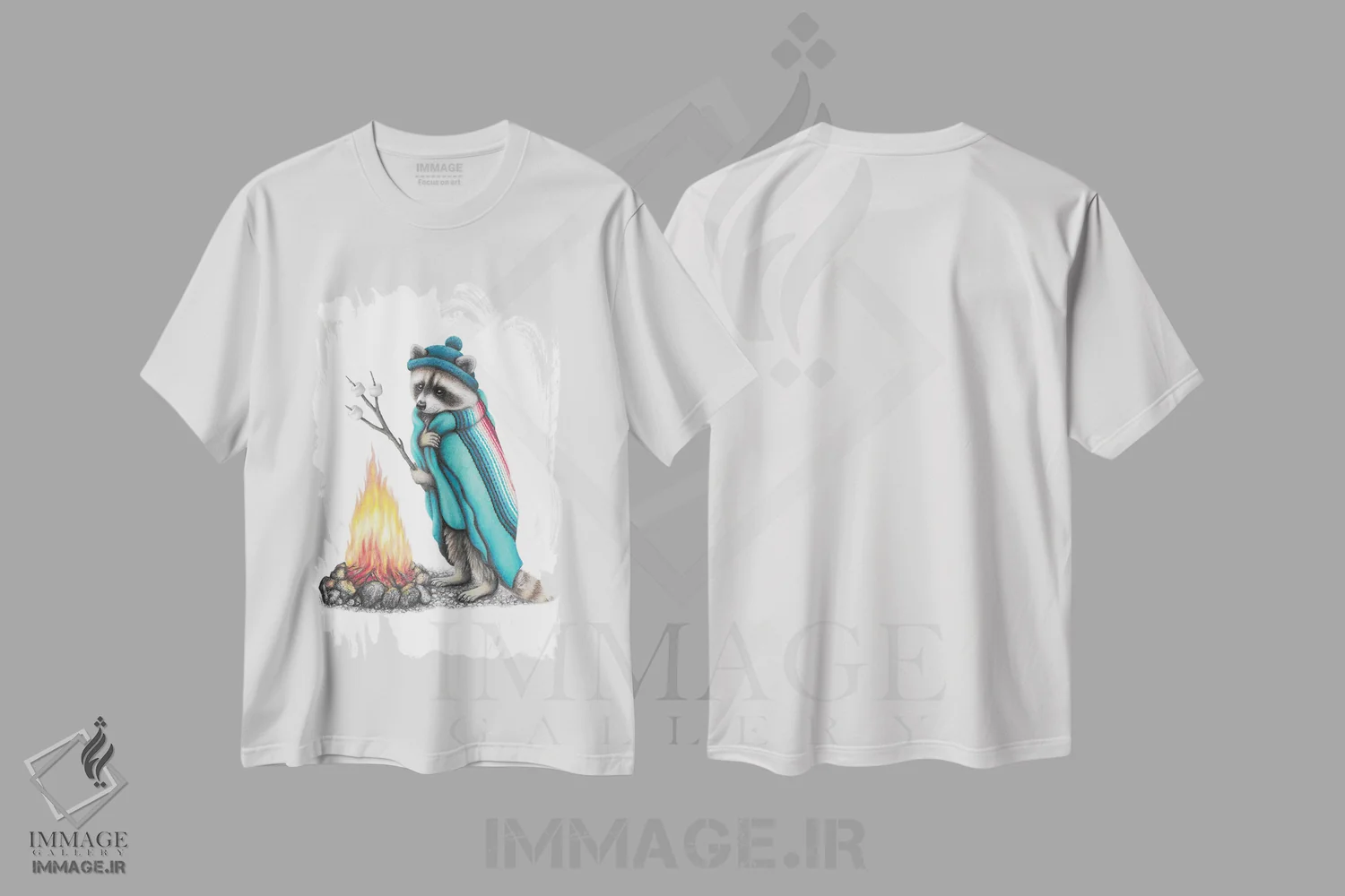 تیشرت سفید طرح دار – تیشرت طبیعت ,راکون و آتش کمپ اثر مندی هک فروشگاه ایماژ
