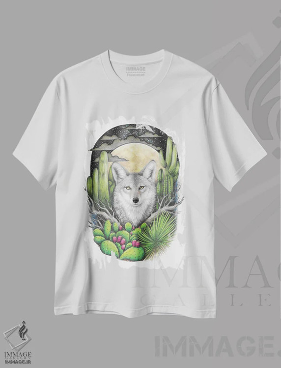تیشرت سفید طرح دار – تیشرت هنری ,کایوت با گیاهان گوشتی اثر مندی هک immage.ir