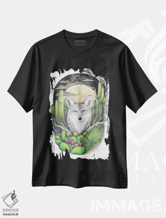 تیشرت مشکی طرح دار – تیشرت هنری ,کایوت با گیاهان گوشتی اثر مندی هک فروشگاه ایماژ