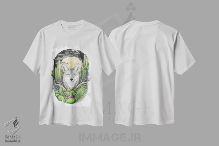 تیشرت سفید طرح دار – تیشرت هنری ,کایوت با گیاهان گوشتی اثر مندی هک immage.ir