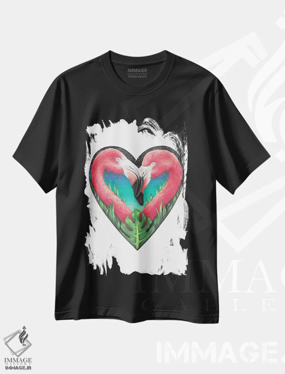 تیشرت مشکی طرح دار – تیشرت حیوانات ,قلب فلامینگو اثر مندی هک immage.ir