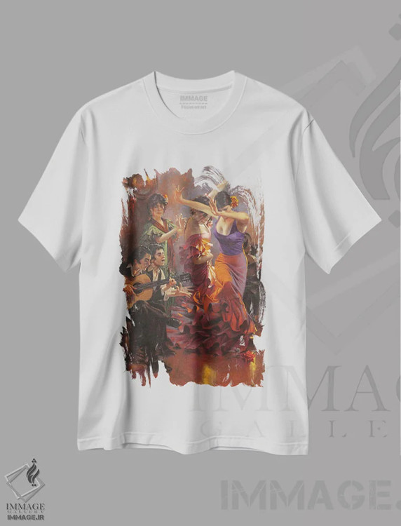 تیشرت سفید طرح دار – تیشرت فلامنکو ,رقص با درد اثر ماهر مرکوس immage.ir