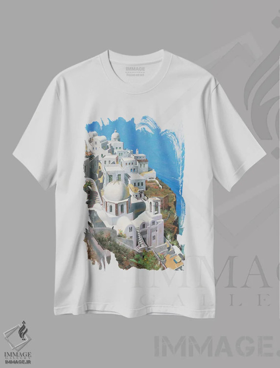 تیشرت سفید طرح دار – تیشرت تابستانی ,روز گرم در سانتورینی اثر ماهر مرکوس immage.ir