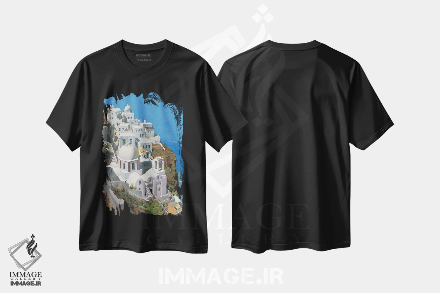 تیشرت مشکی طرح دار – تیشرت تابستانی ,روز گرم در سانتورینی اثر ماهر مرکوس فروشگاه ایماژ