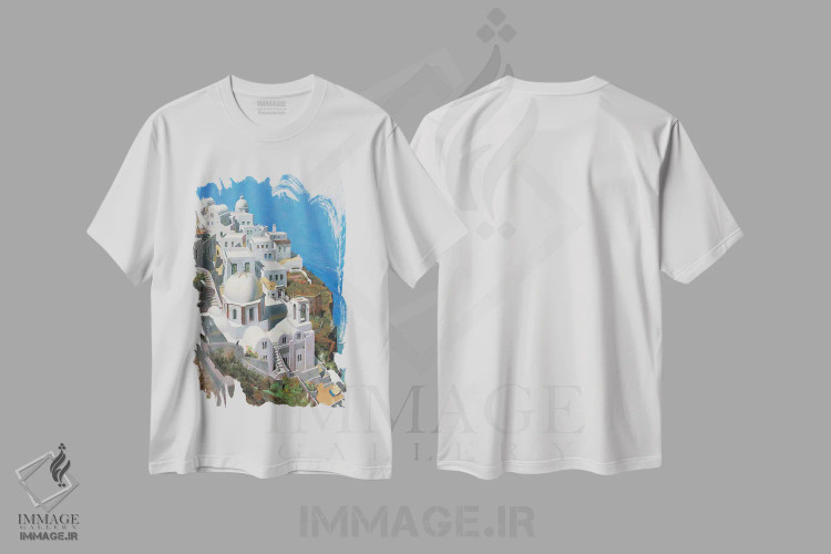 تیشرت سفید طرح دار – تیشرت تابستانی ,روز گرم در سانتورینی اثر ماهر مرکوس immage.ir