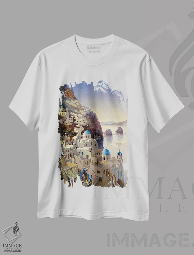تیشرت سفید طرح دار – تیشرت منظره ,سانتورینی در غروب اثر ماهر مرکوس immage.ir
