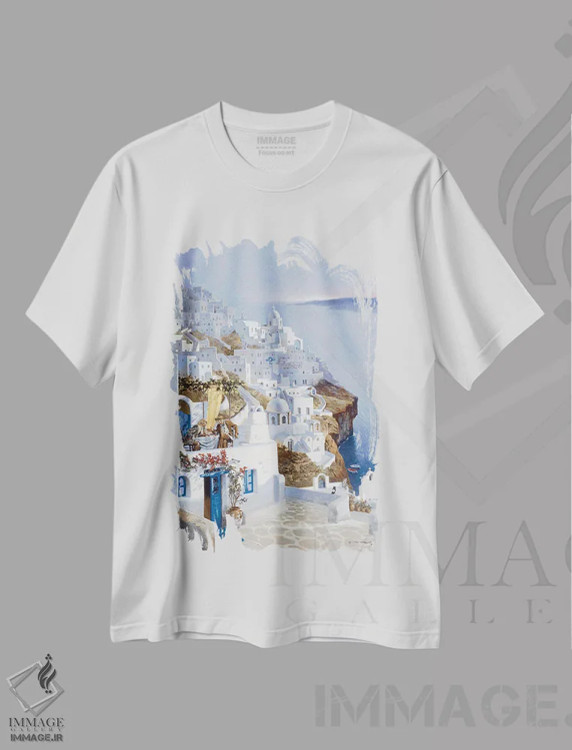 تیشرت سفید طرح دار – تیشرت منظره ,سانتورینی اثر ماهر مرکوس فروشگاه ایماژ